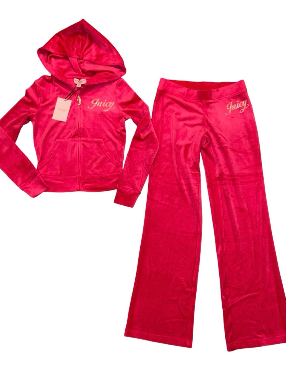 JUICY COUTURE VIXEN PINK BLING RHINESTONE SCRIPT VELOUR TRACKSUIT SWEATSUIT NWT - Picture 1 of 12